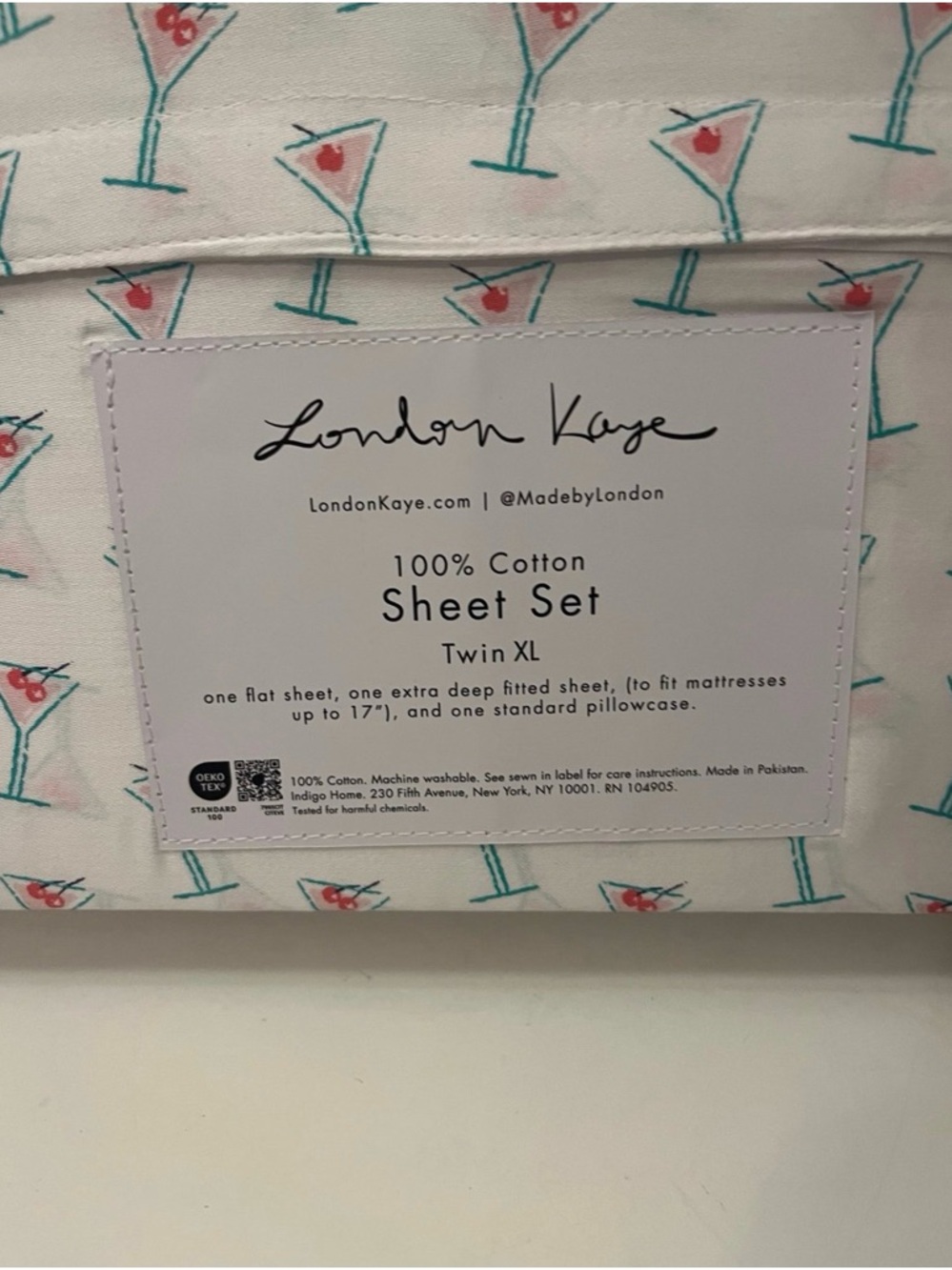 London Kaye Twin XL Size Cotton Sheet Set Martini Glasses Print White Pink Green - Picture 9 of 12